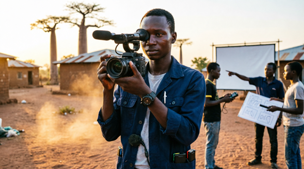 A young South Sudanese filmmaker confidently holding a professional video camera during a youth media training session, capturing authentic community stories.