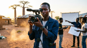 A young South Sudanese filmmaker confidently holding a professional video camera during a youth media training session, capturing authentic community stories.